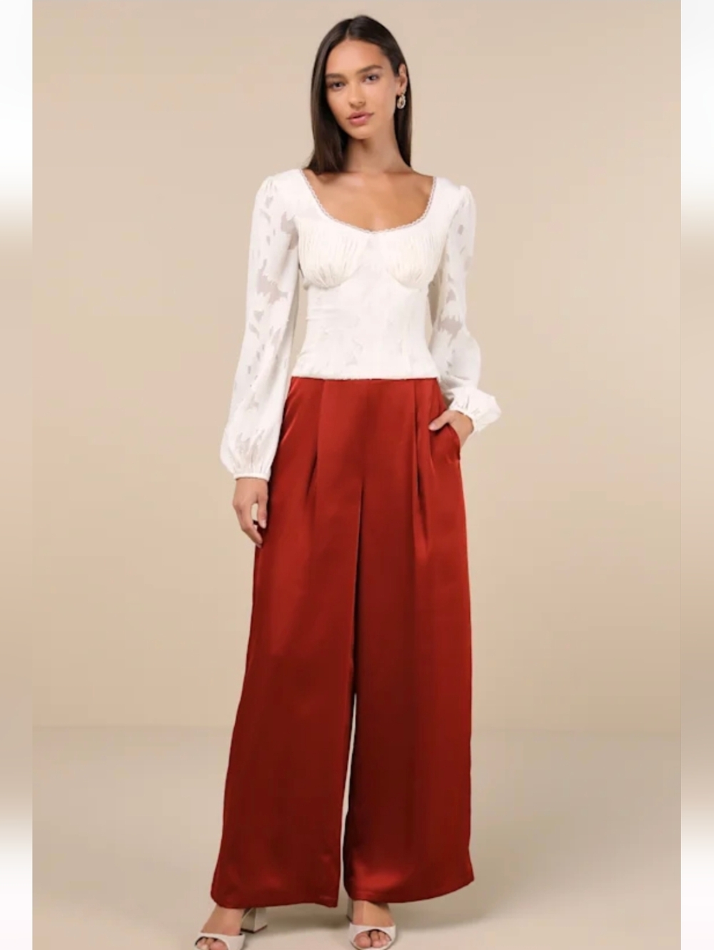 Lulus Wide Leg Satin Pants in Rust Red
